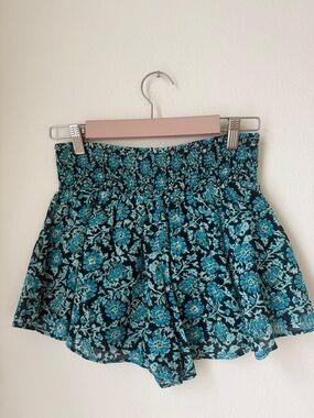 Free People Teal Floral Smocked Waist Shorts